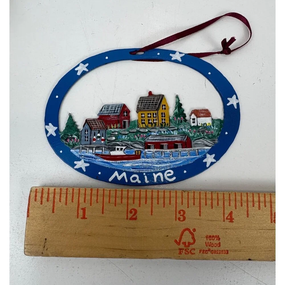Maine Christmas Cut Metal‎ Ornament Village Scene Handpainted Made In USA